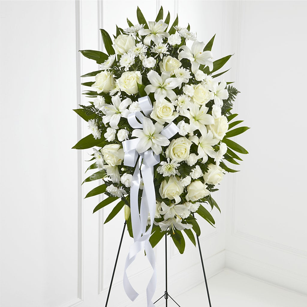 Exquisite Tribute Standing Spray-White Ribbon – Francis Florist, Pomeroy OH