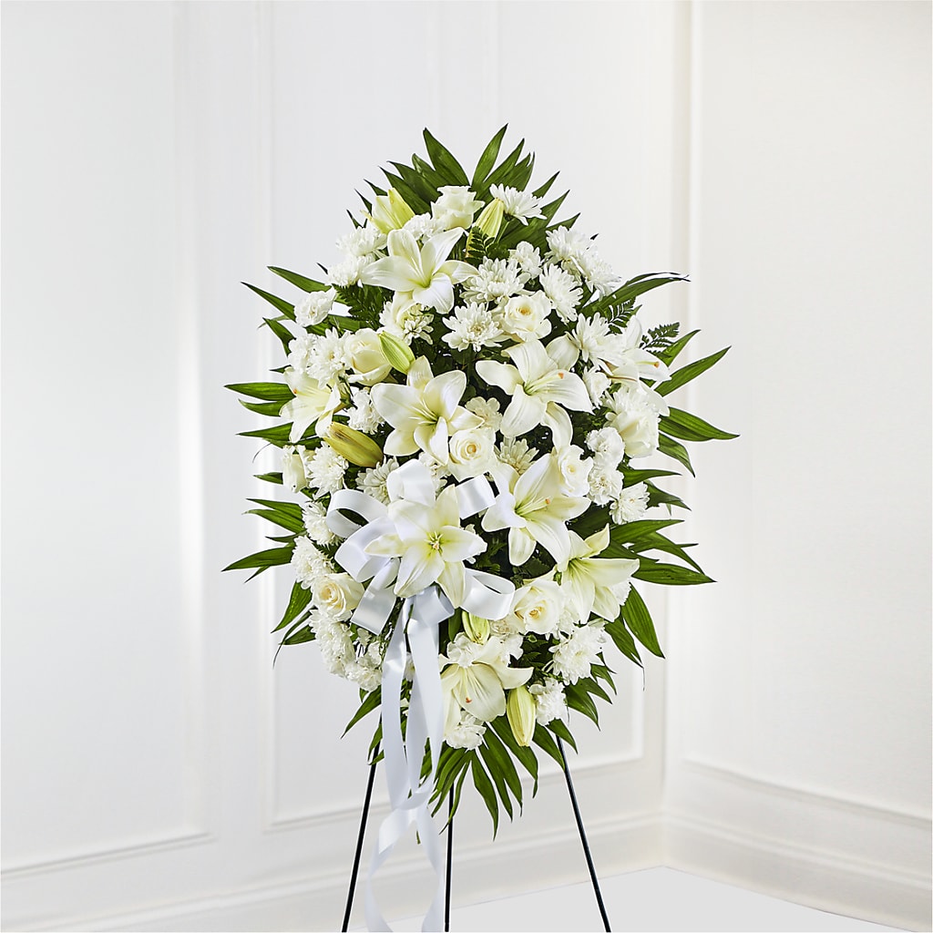 Exquisite Tribute Standing Spray-White Ribbon – Francis Florist, Pomeroy OH